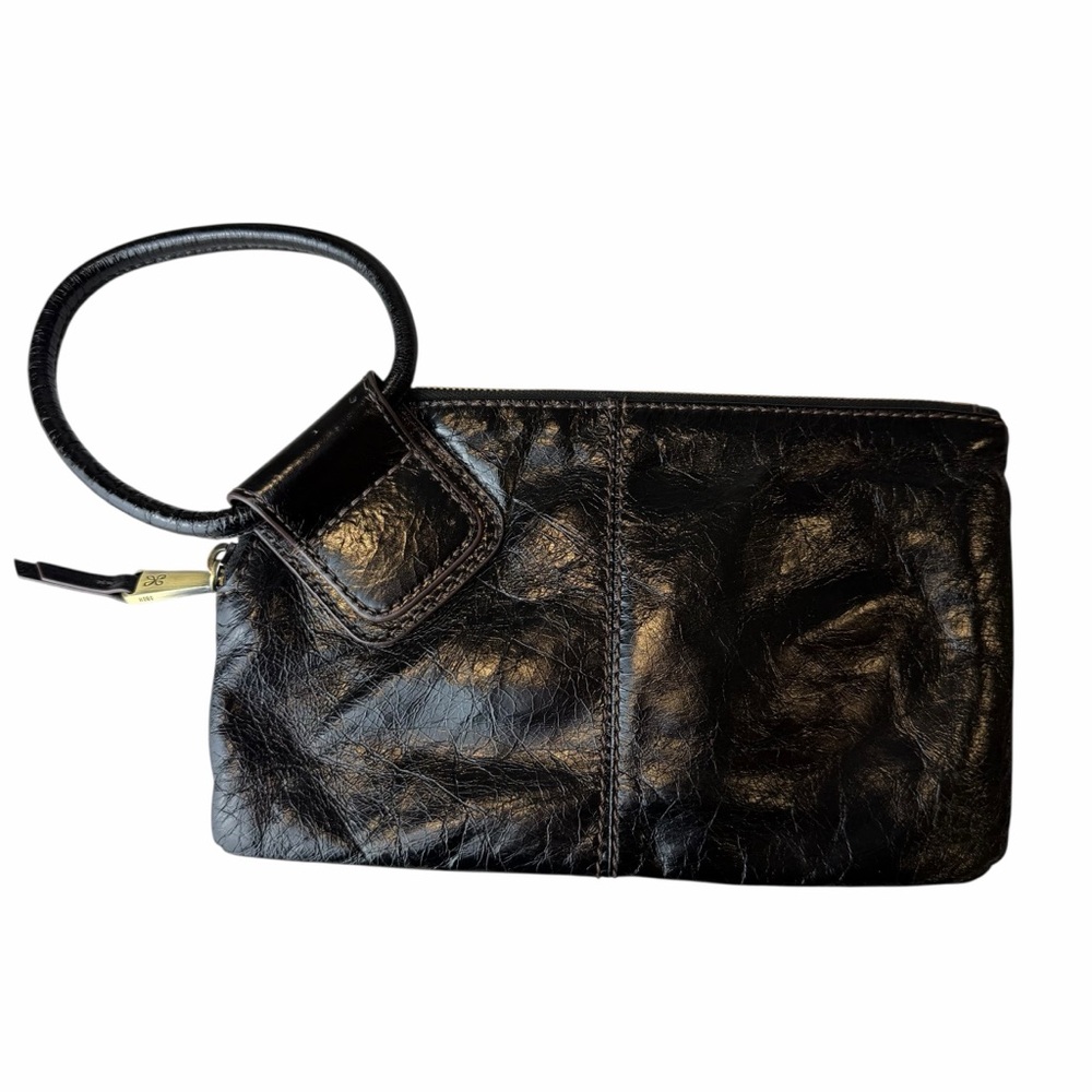 HOBO Sable Polished Black Leather Wristlet Clutch Circular Handle - Picture 3 of 5